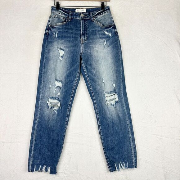 Risen Jeans High Rise Boyfriend Distressed Ankle Size 5/27 Raw Hem Stretch - Picture 1 of 9